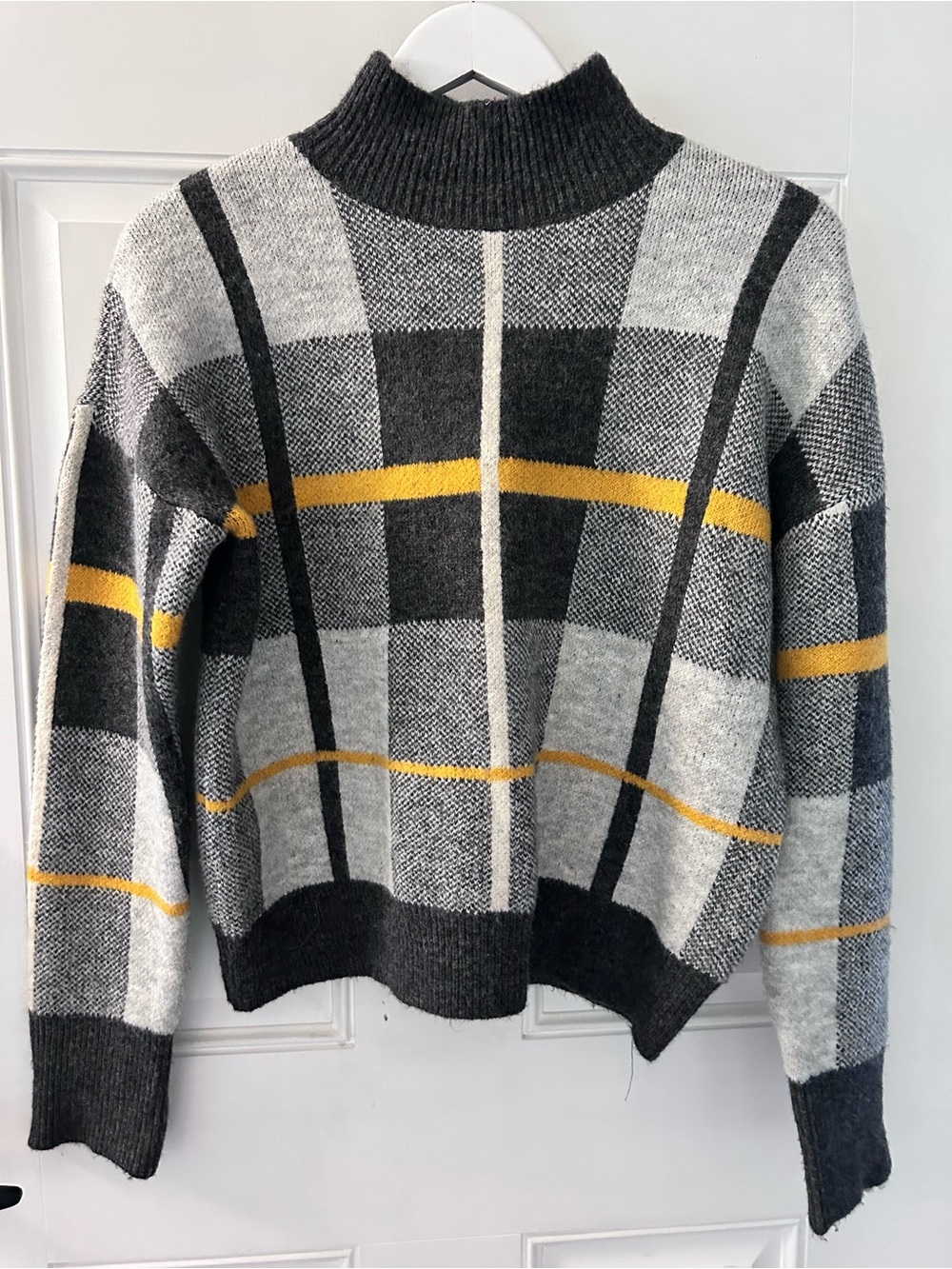 Marled Gray & Yellow Plaid Mock Neck Sweater
